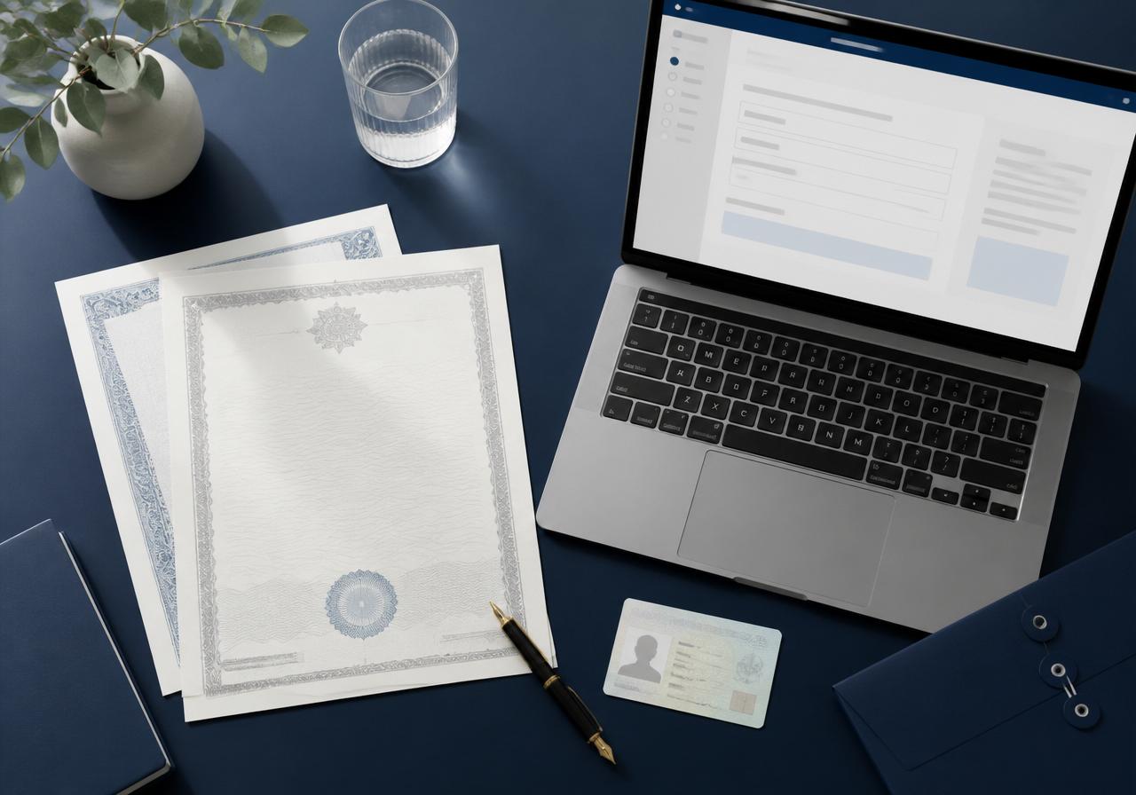 Certidões e documentos oficiais portugueses sobre uma secretária